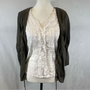 Monsoon olive green cardigan sweater over white button down cotton top size 6